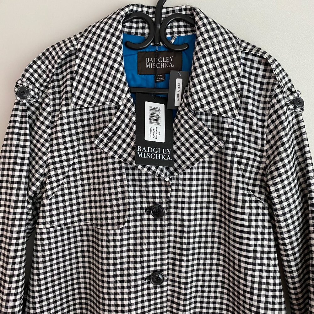 Badgley Mischka Plaid Trench Coat with Satin Blue Lining - Picture 8 of 17